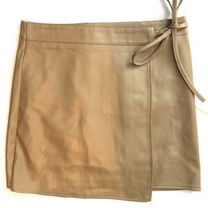 Adela Tan Faux Leather Wrap Mini Skirt M Shorts Liner NEW sexy party